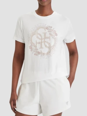 GUESS Biały damski t-shirt na krótki rękaw z cyrkoniami Corinne, Rozmiar S