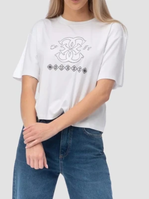 GUESS Biały damski t-shirt na krótki rękaw z wyszywanym logo Gabi, Rozmiar S