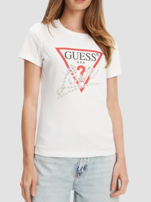 GUESS Biały damski t-shirt Pearls Love, Rozmiar XS