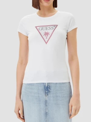 GUESS Biały damski t-shirt z logo z cyrkoniami Triangle Rhinestones, Rozmiar S
