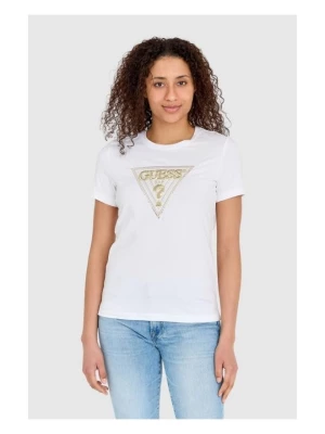 GUESS Biały t-shirt damski ze złotym haftowanym cyrkoniami logotypem slim fit