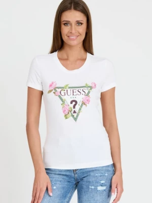 GUESS Biały t-shirt Floral Triangle Tee