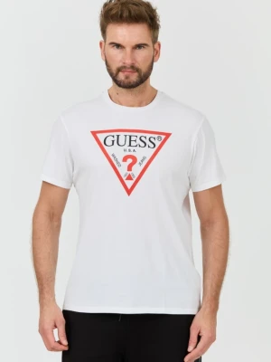 GUESS Biały męski t-shirt bawełniany z dużym logo Clsc Tri Logo
