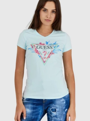 GUESS Błękitny t-shirt damski z logo z liśćmi i cyrkoniami