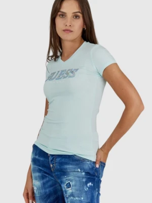 GUESS Błękitny t-shirt damski z metalicznym logo i cyrkoniami, Rozmiar XS