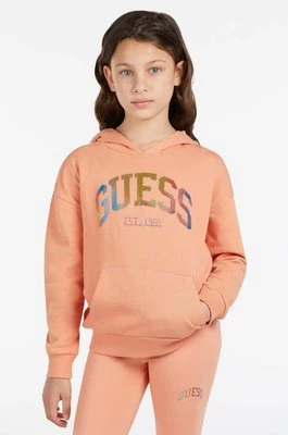 Guess bluza bawełniana dziecięca kolor pomarańczowy z kapturem z aplikacją