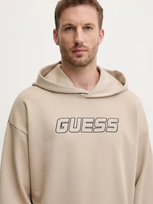Guess bluza bawełniana MENTORE męska kolor beżowy z kapturem z aplikacją Z5YQ00 KCE91