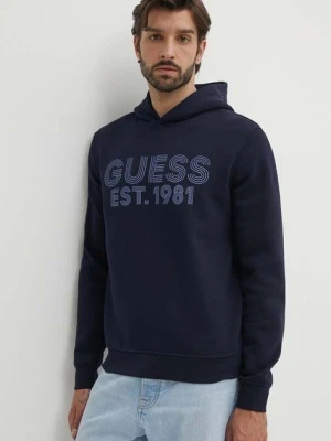 Guess bluza BEAU męska kolor granatowy z kapturem z nadrukiem M4YQ36 K9Z21