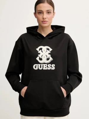 Guess bluza CARMEN damska kolor czarny z kapturem z aplikacją V5YQ01 KCX22