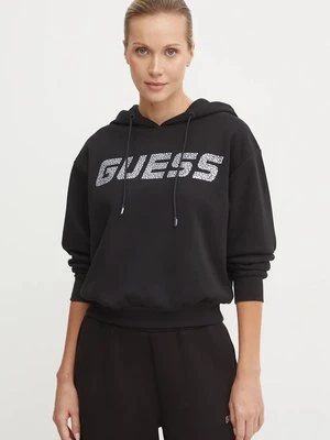 Guess bluza CECILIA damska kolor czarny z kapturem z aplikacją V4BQ25 KC3D2