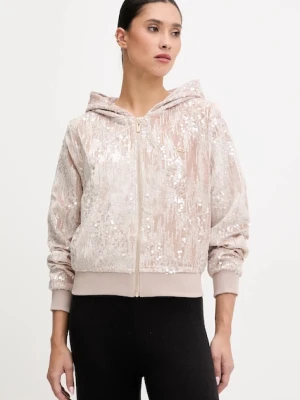 Guess bluza damska kolor beżowy z kapturem z aplikacją V5BQ02 K1922