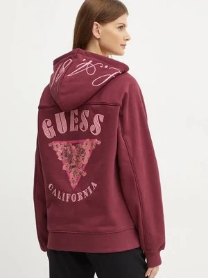 Guess bluza damska kolor bordowy z kapturem z aplikacją W4BQ05 KBY51