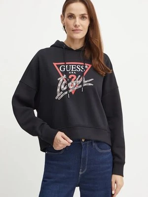 Guess bluza damska kolor czarny z kapturem z nadrukiem W4BQ06 KB683