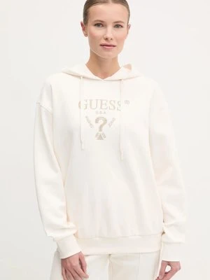 Guess bluza ROBERTA damska kolor beżowy z kapturem z aplikacją V5RQ11 KC3D2