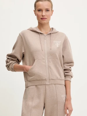Guess bluza ROBERTA damska kolor brązowy z kapturem z aplikacją V5RQ20 KC3D2