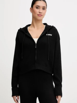 Guess bluza z domieszką wełny FLAMINIA kolor czarny z kapturem gładka V5BR05 Z3JD2