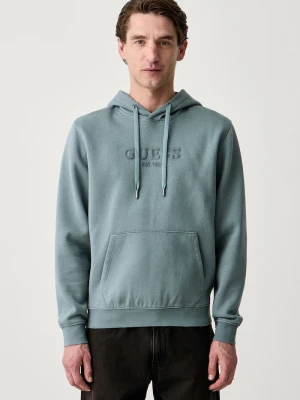 Guess bluza z kapturem męska z bawełną turkusowy