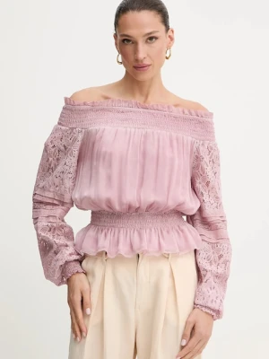 Guess bluzka z domieszką jedwabiu AUDREY damska kolor różowy wzorzysta W5GH0S WE550