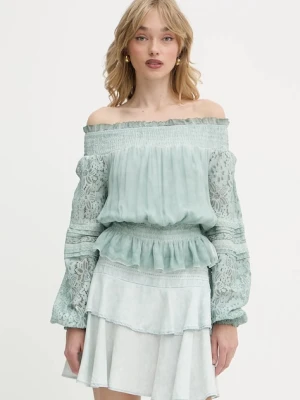 Guess bluzka z domieszką jedwabiu AUDREY damska kolor turkusowy wzorzysta W5GH0S WE550