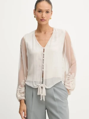 Guess bluzka z domieszką jedwabiu CAMILLA damska kolor beżowy z aplikacją W5YH0V WE550