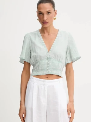 Guess bluzka z domieszką lnu LUIZA damska kolor niebieski z aplikacją W5GH82 D5N81