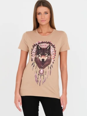 GUESS Brązowy damski t-shirt bawełniany z wilkiem, Rozmiar L