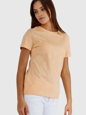 GUESS Brzoskwiniowy t-shirt damski bawełniany z trójkątnym logo, Rozmiar S