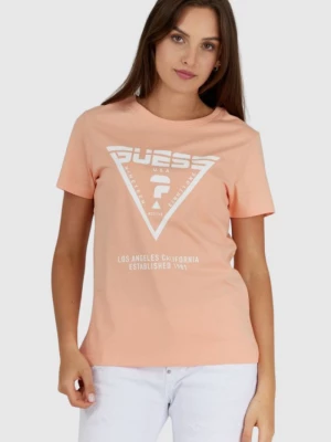 GUESS Brzoskwiniowy t-shirt damski z białym logo
