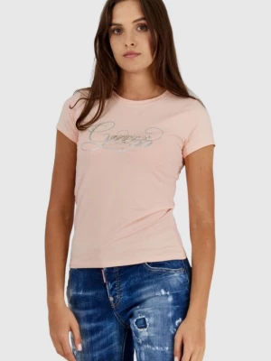 GUESS Brzoskwiniowy t-shirt damski z brokatowym logo