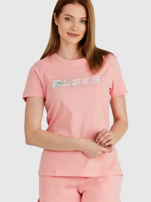 GUESS Brzoskwiniowy t-shirt damski z kolorowym logo, Rozmiar M