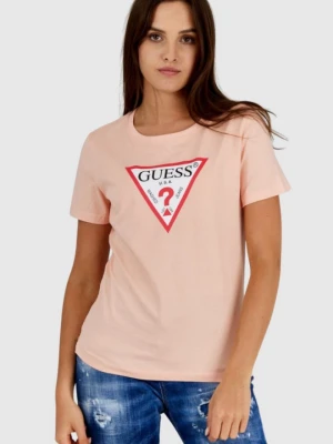 GUESS Brzoskwiniowy t-shirt damski z trójkątnym logo, Rozmiar M