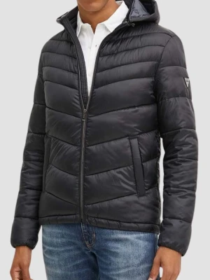 GUESS Czarna męska kurtka z kapturem Super Light Puffa Jacket, Rozmiar XXL