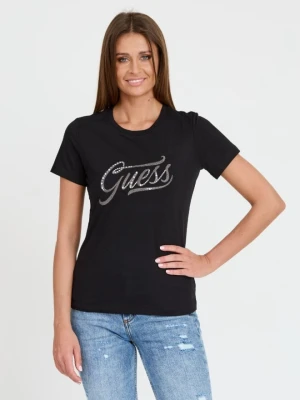 GUESS Czarny damski T-shirt bawełnany STONES&EMBRO TEE, Rozmiar M