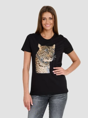 GUESS Czarny damski T-shirt Leopard Jewel Easy Tee, Rozmiar S