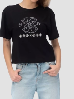 GUESS Czarny damski t-shirt na krótki rękaw z wyszywanym logo Gabi, Rozmiar M