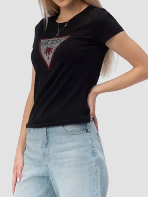 GUESS Czarny damski t-shirt z logo z cyrkoniami Triangle Rhinestones, Rozmiar XS