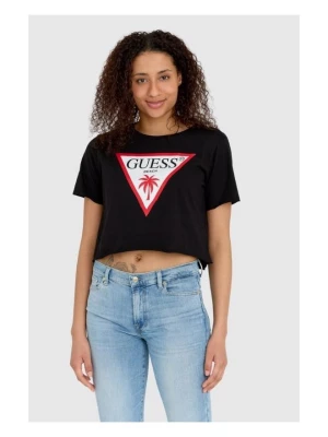 GUESS Czarny krótki t-shirt damski z surowym wykończeniem boxy fit