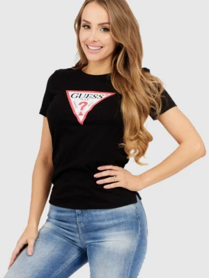 GUESS Czarny t-shirt damski z dużym trójkątnym logo