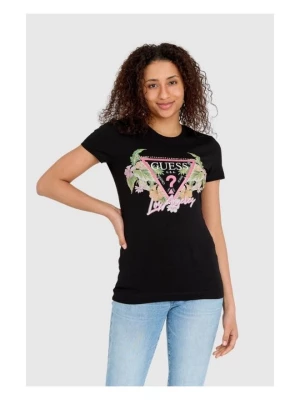 GUESS Czarny t-shirt damski z logo z kwiatami i dżetami slim fit