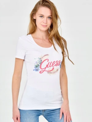 GUESS Damski biały t-shirt ze zdobionym logo, Rozmiar L
