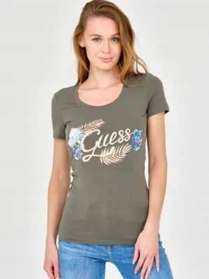 GUESS Damski zielony t-shirt ze zdobionym logo, Rozmiar S