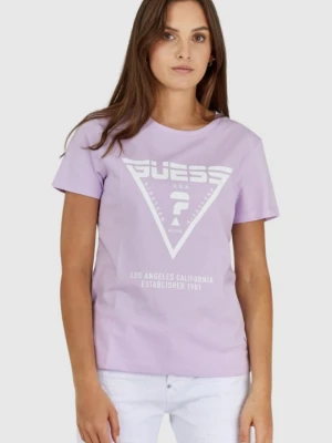GUESS Fioletowy t-shirt damski z białym logo, Rozmiar S