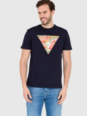 GUESS Granatowy bawełniany męski T-shirt slim fit, Rozmiar XL
