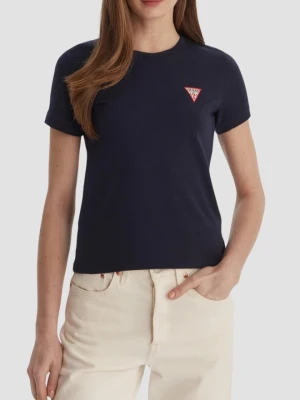 GUESS Granatowy damski t-shirt na krótki rękaw Crew Neck Mini Triangle, Rozmiar XXL Niebieski