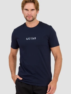 GUESS Granatowy męski t-shirt bawełniany z haftowanym logo, Rozmiar XXL