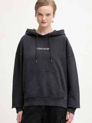 Guess Jeans bluza bawełniana damska kolor czarny z kapturem z aplikacją W5BQ15 KCPR1
