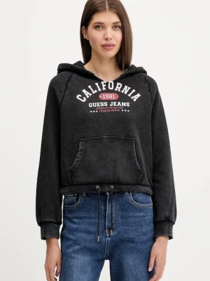 Guess Jeans bluza bawełniana damska kolor czarny z kapturem z nadrukiem W5YQ14 KCPR1