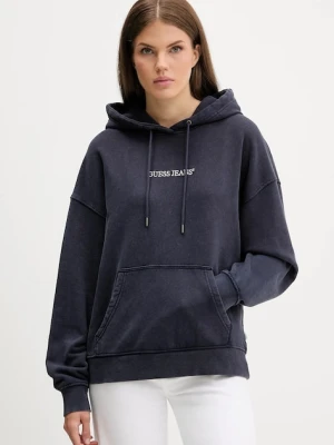 Guess Jeans bluza bawełniana damska kolor granatowy z kapturem z aplikacją W5BQ15 KCPR1