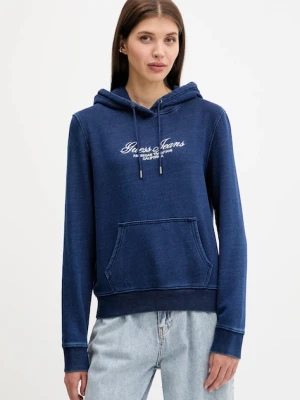 Guess Jeans bluza bawełniana damska kolor granatowy z kapturem z aplikacją W5YQ11 KCXQ1