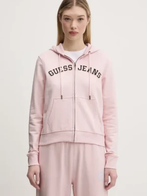 Guess Jeans bluza bawełniana damska kolor różowy z kapturem melanżowa W5RQ20 K68I4